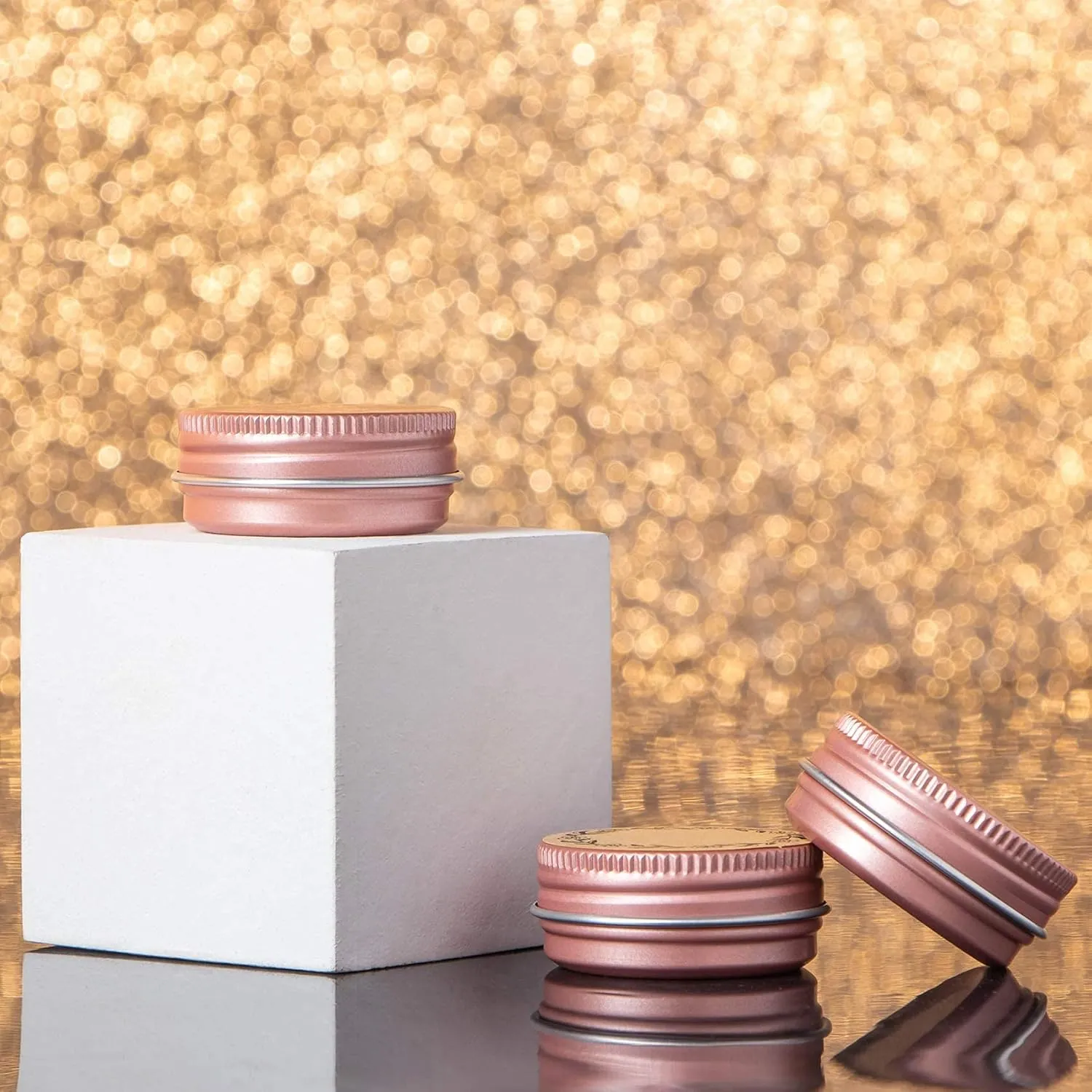0.5 oz Screw Top Aluminum Tin Jar with Screw Lid and Blank Labels (Rose Gold - Pack of 32)