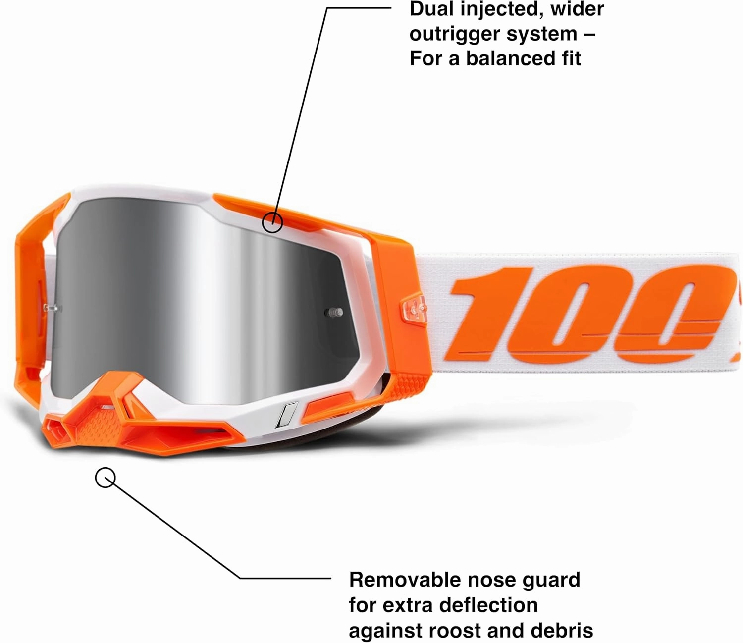 100% Racecraft 2 Mountain Bike & Motocross Goggles - MX and MTB Racing Protective Eyewear (Orange - Mirror Silver Flash)