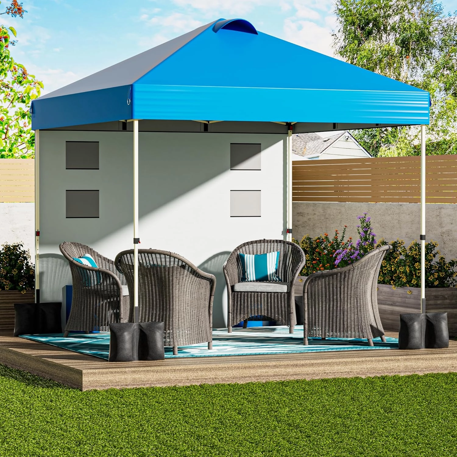 10'x10' Pop Up Canopy Tent Outdoor Sun Shade Garden Instant Canopy with Pockets Sidewall,4 Ropes, 8 Stakes,4 Weight Bags Esay Up Sun Shelter Patio Camping Beach Canopy Tents, Navy Blue