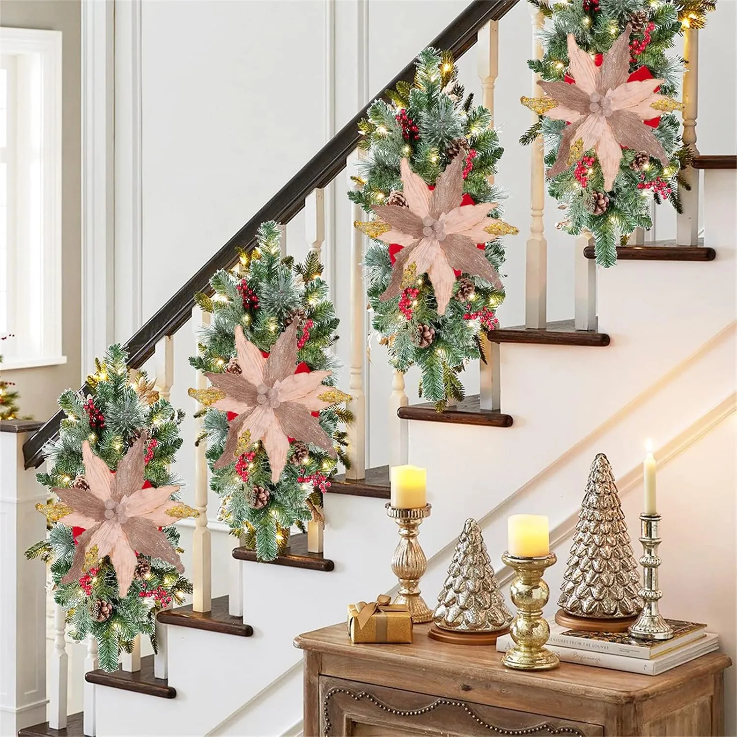 12'' Large Heads Christmas Glitter Poinsettia Flowers Christmas Tree Ornaments Set of 4 Artificial Flowers with Long Stems for Xmas Tree Party DIY Holiday Decorations, Rose Gold