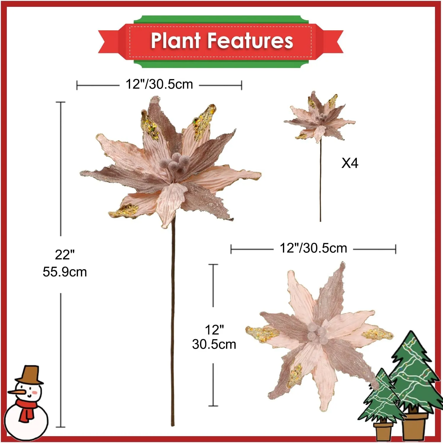 12'' Large Heads Christmas Glitter Poinsettia Flowers Christmas Tree Ornaments Set of 4 Artificial Flowers with Long Stems for Xmas Tree Party DIY Holiday Decorations, Rose Gold