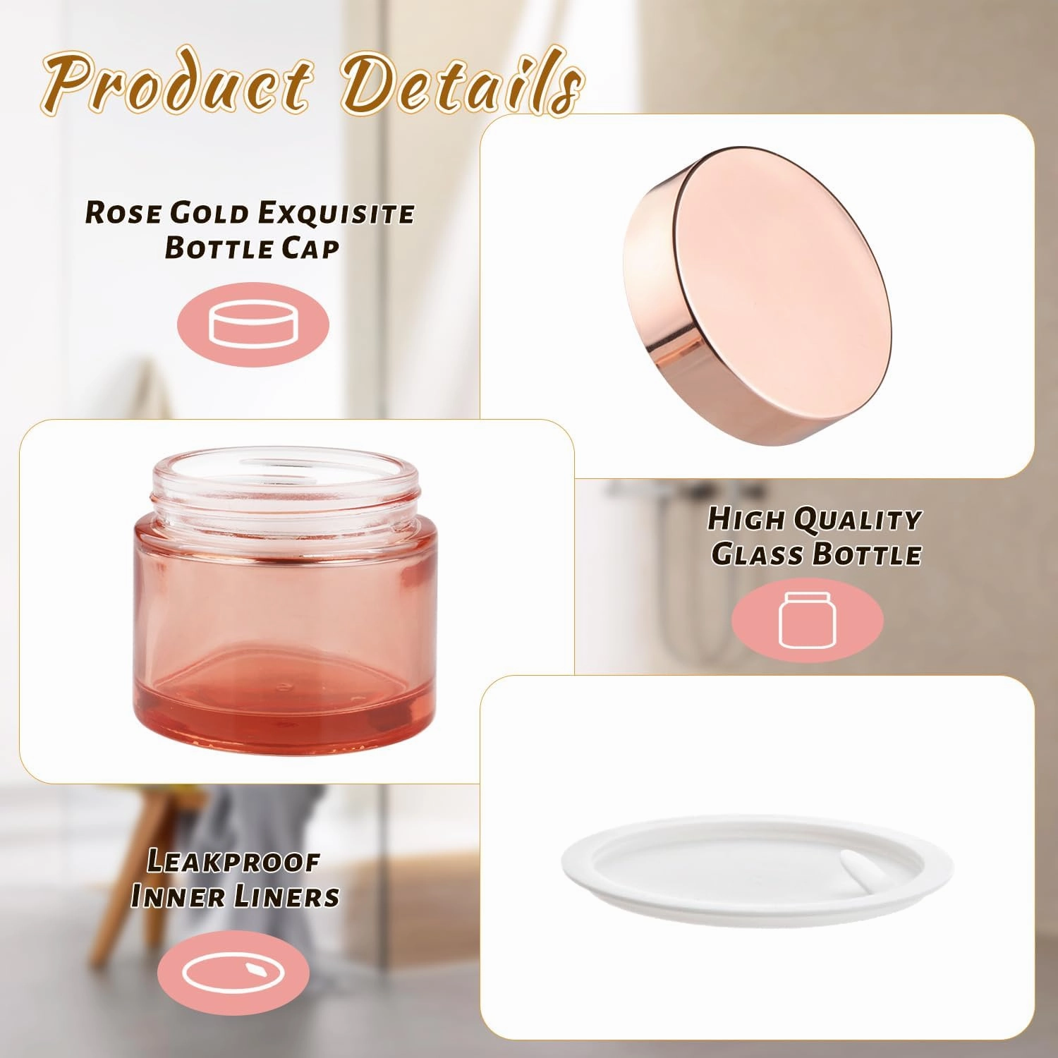 12 Pcs 60g/2oz Glass Cosmetic Jars Refillable Cream Bottle Containers Empty Sample Vials Jar with Rose Gold Lid for Eye Cream Lotion Ointments Lip Balm Scrub - Pink