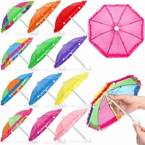 12 Pcs Cute Mini Doll Umbrella, 11" Colorful Tiny Girl Umbrellas Toy, 1:6 Scale Miniature Umbrella Parasol Decor for Photography Props Supplies, Outdoor Potted Plants Shade, 12 Colors