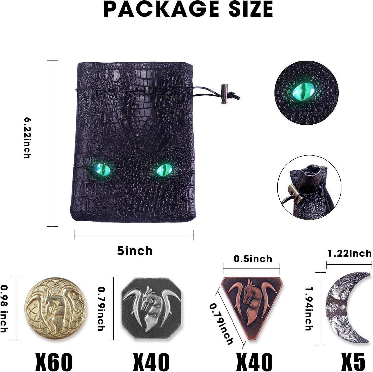 145PCS Metal DND Coins & Leather Bag, Contains 60 Gold Coins, 40 Sliver Coins, 40 Copper Coins and 5 Platinum Coins, Tokens with Glow in The Night Eyes Bag for RPG Tablelap Games