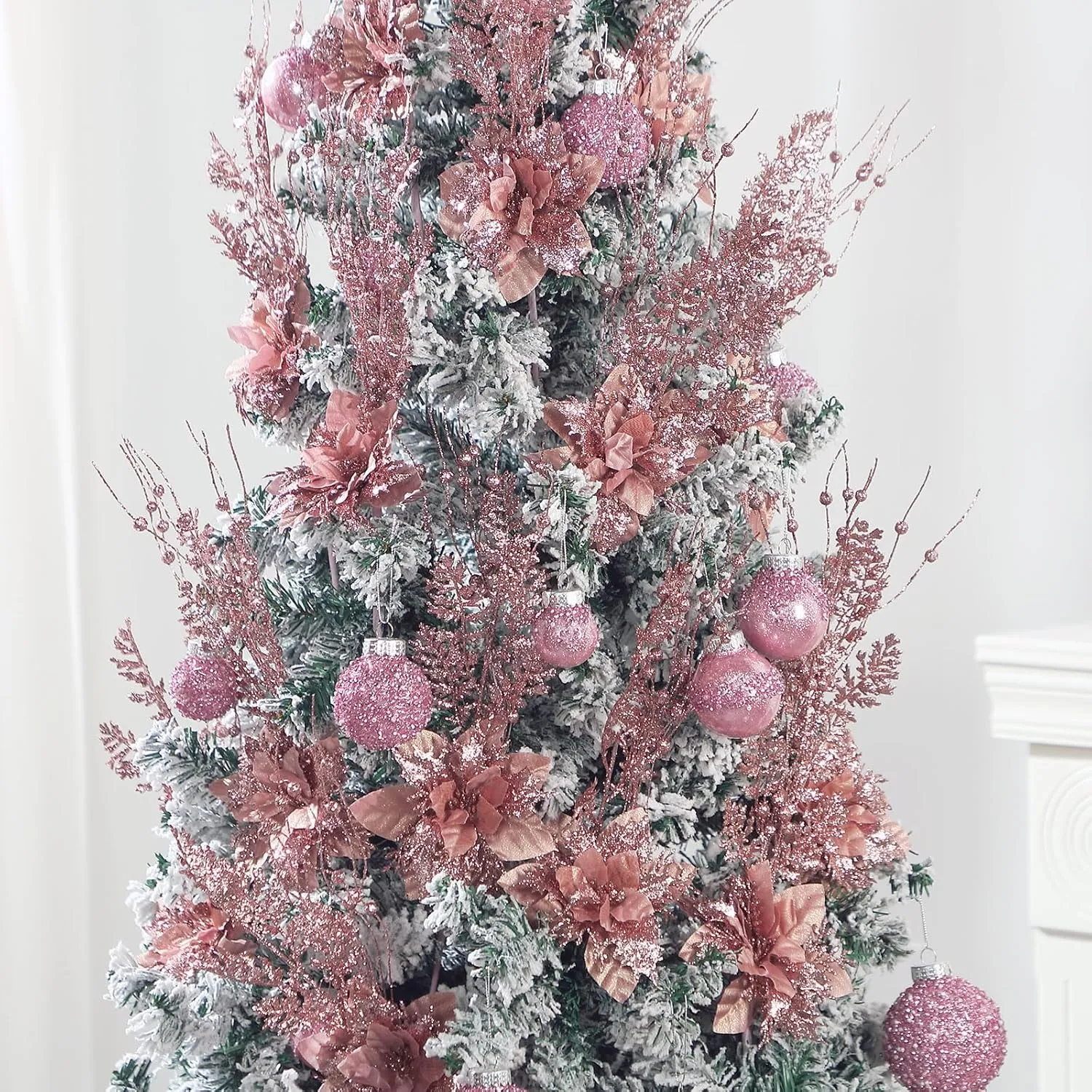 15 Pcs 17 Inch Christmas Artificial Glitter Berry Stem Ornaments with Poinsettia Flower, Xmas Glitter Poinsettia Flowers Picks for Christmas Tree Vase Holiday Party Home Decor(Rose Gold)