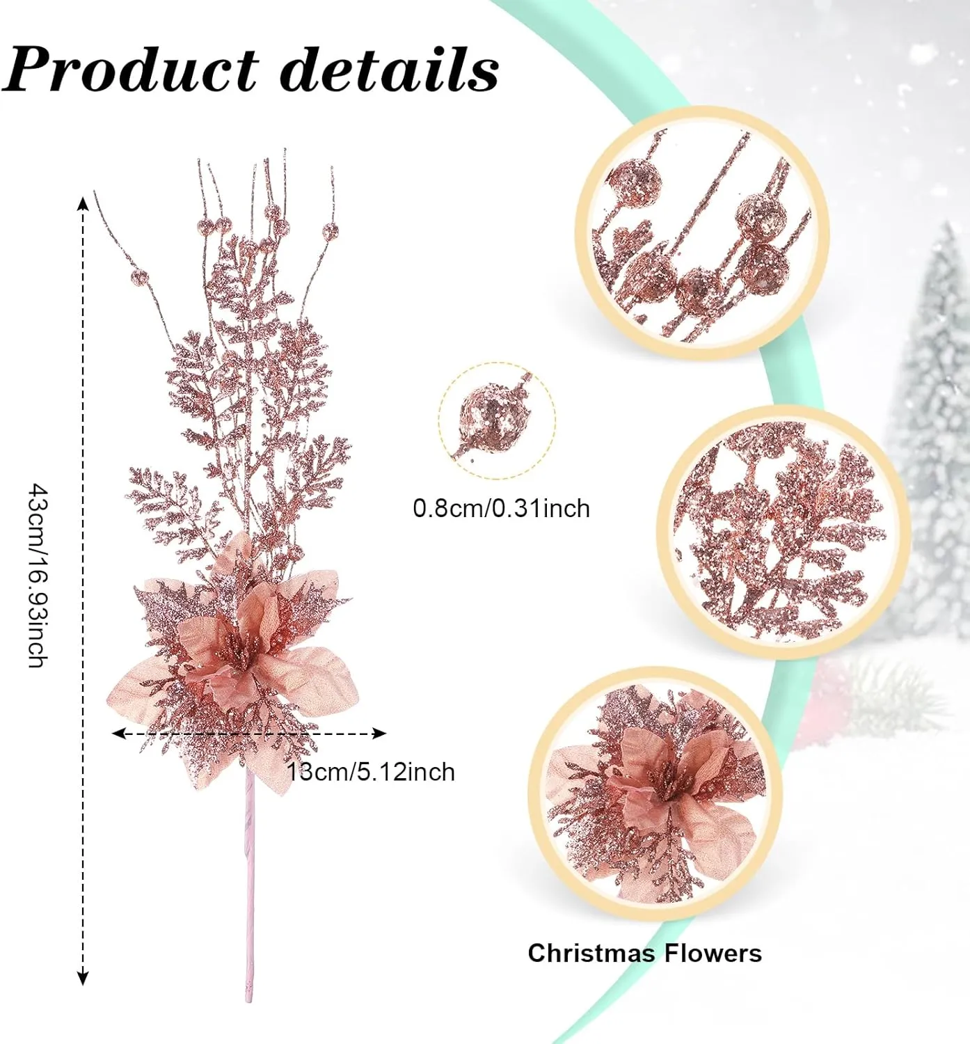 15 Pcs 17 Inch Christmas Artificial Glitter Berry Stem Ornaments with Poinsettia Flower, Xmas Glitter Poinsettia Flowers Picks for Christmas Tree Vase Holiday Party Home Decor(Rose Gold)