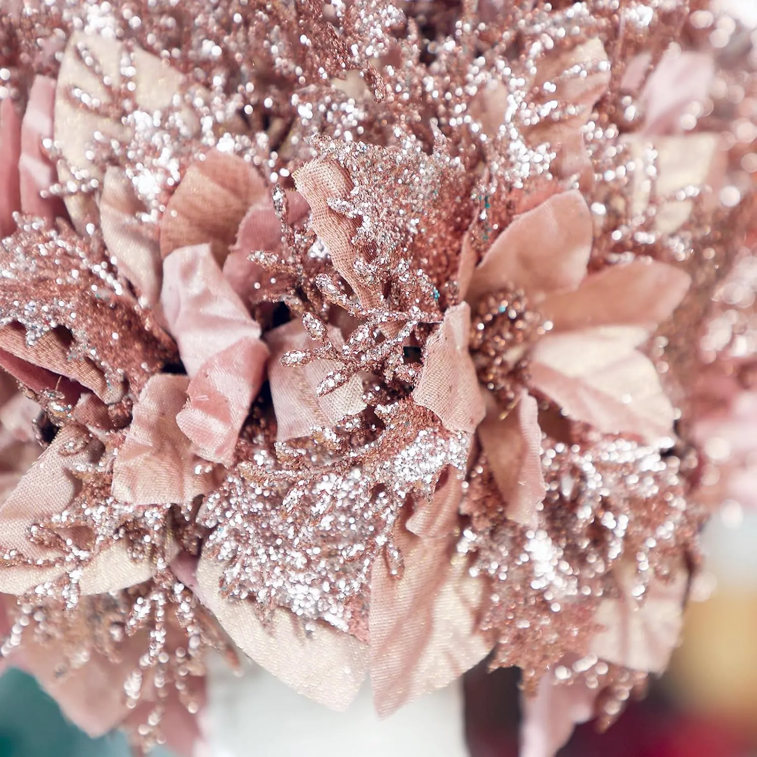 15 Pcs 17 Inch Christmas Artificial Glitter Berry Stem Ornaments with Poinsettia Flower, Xmas Glitter Poinsettia Flowers Picks for Christmas Tree Vase Holiday Party Home Decor(Rose Gold)