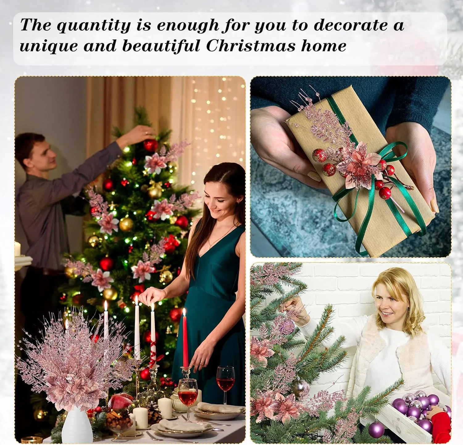 15 Pcs 17 Inch Christmas Artificial Glitter Berry Stem Ornaments with Poinsettia Flower, Xmas Glitter Poinsettia Flowers Picks for Christmas Tree Vase Holiday Party Home Decor(Rose Gold)