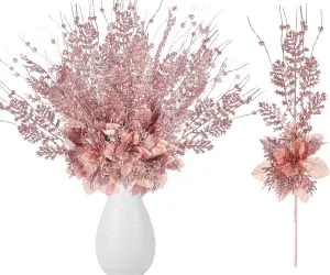 15 Pcs 17 Inch Christmas Artificial Glitter Berry Stem Ornaments with Poinsettia Flower, Xmas Glitter Poinsettia Flowers Picks for Christmas Tree Vase Holiday Party Home Decor(Rose Gold)