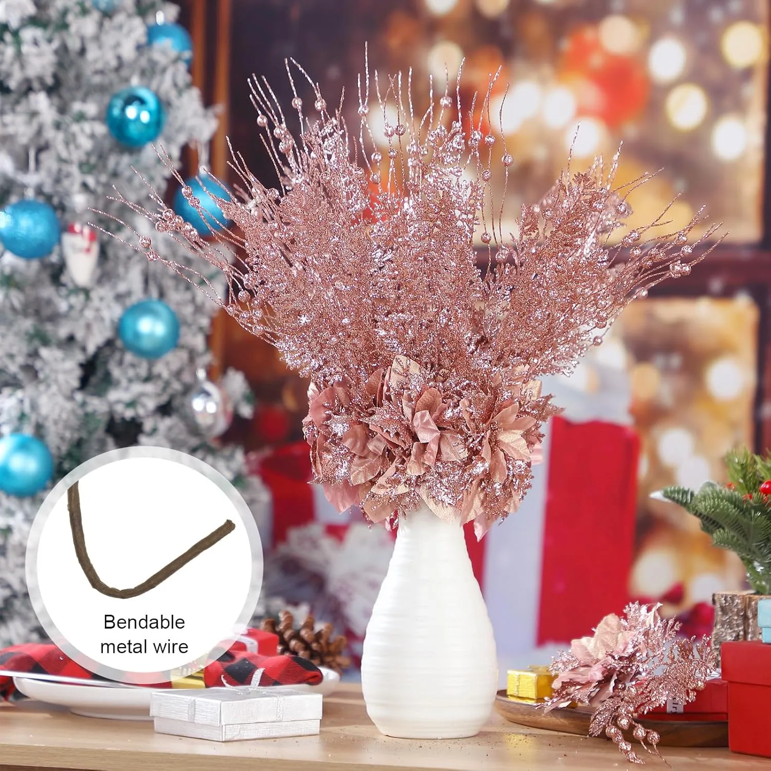 15 Pcs 17 Inch Christmas Artificial Glitter Berry Stem Ornaments with Poinsettia Flower, Xmas Glitter Poinsettia Flowers Picks for Christmas Tree Vase Holiday Party Home Decor(Rose Gold)