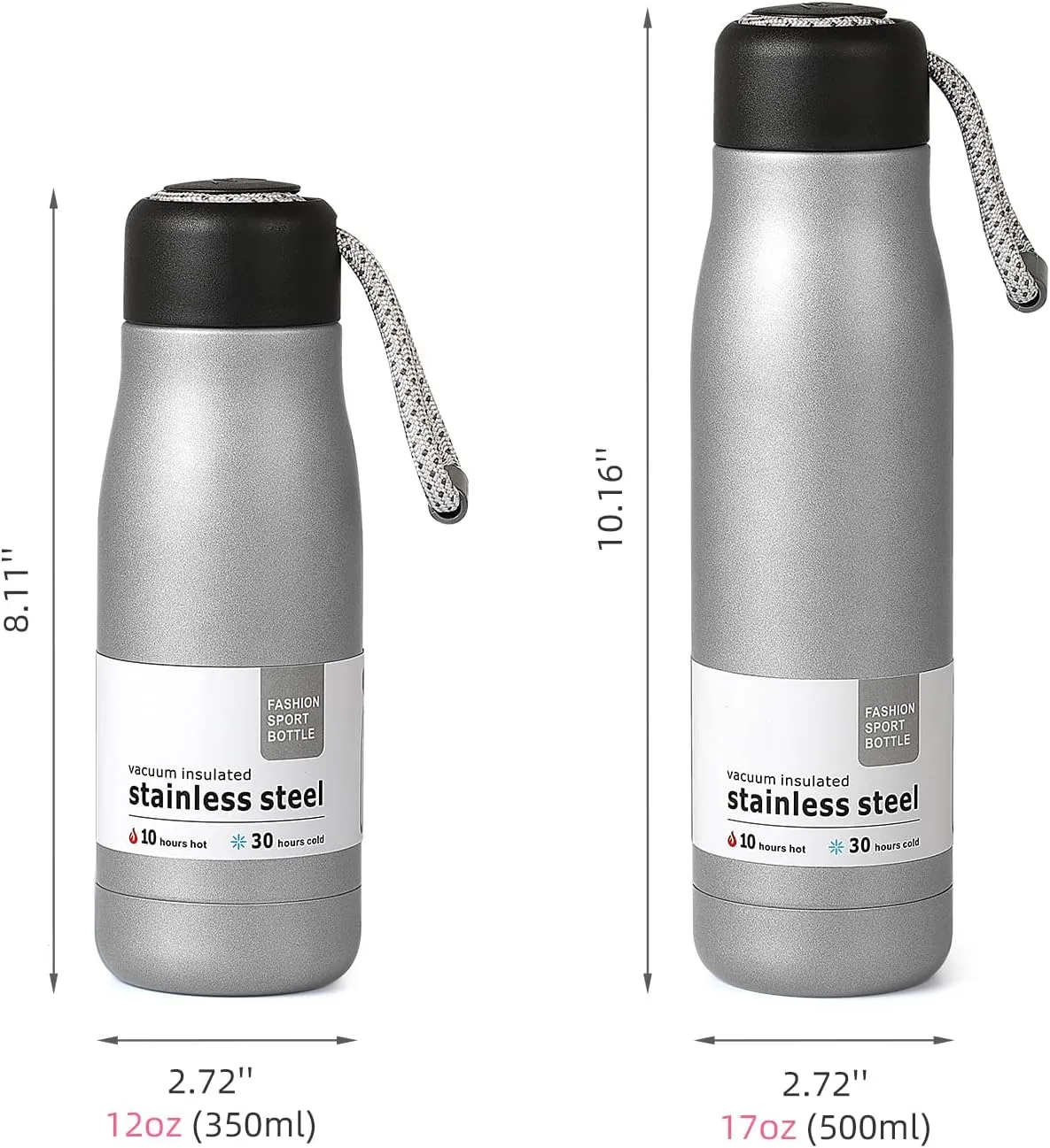 17 oz Stainless Steel Water Bottle Double Wall Vacuum Insulated Kids Wide Mouth Flask with Leakproof Portable Lid (Silver)
