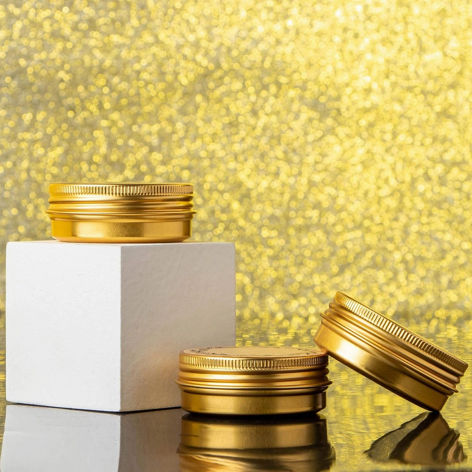 1 oz / 30ml Screw Top Aluminum Tin Jar with Screw Lid and Blank Labels (Gold - Pack of 32)