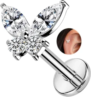 1Pcs 14K White Gold Cartilage Earring for Women, 16G Threadless Flat Back Top Push in, Butterfly Tragus Helix Labret Lip Stud Piercing Jewelry