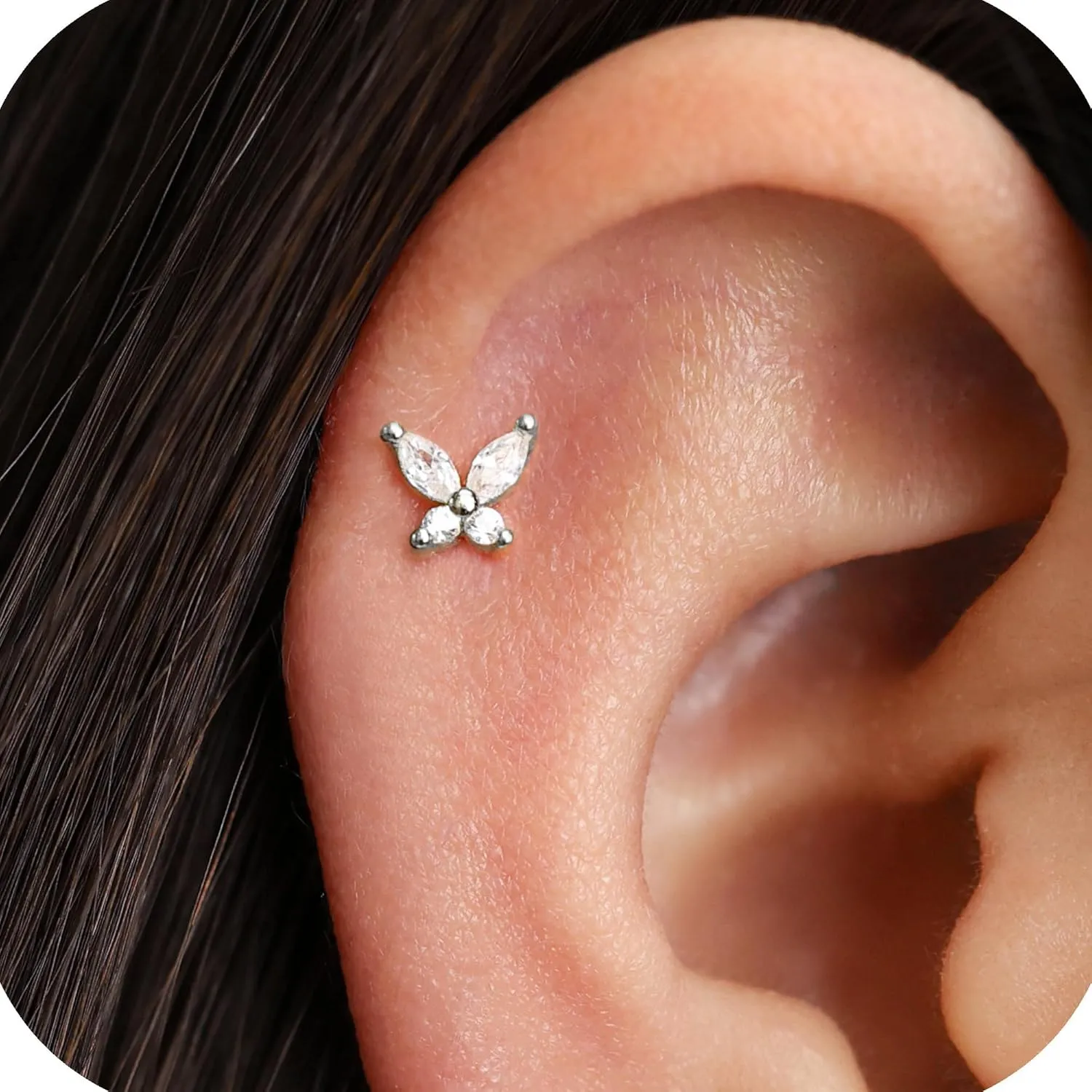 1Pcs 14K White Gold Cartilage Earring for Women, 16G Threadless Flat Back Top Push in, Butterfly Tragus Helix Labret Lip Stud Piercing Jewelry