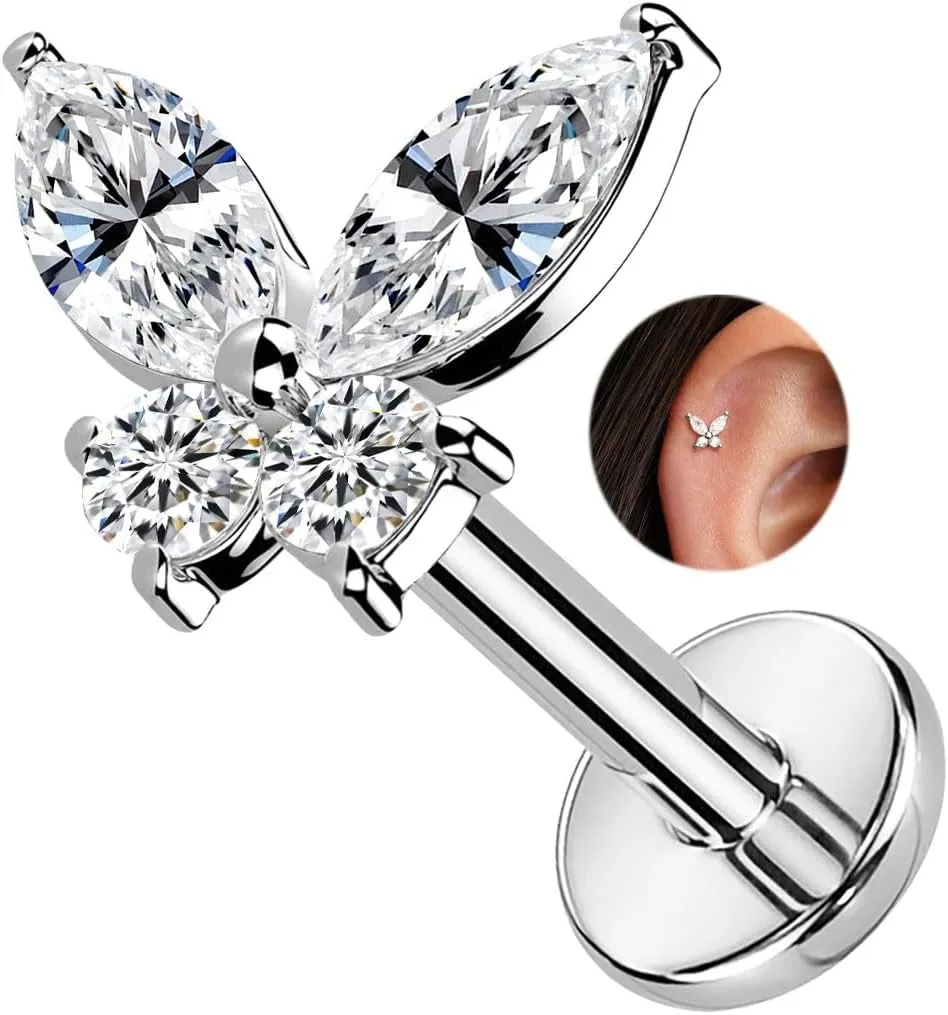1Pcs 14K White Gold Cartilage Earring for Women, 16G Threadless Flat Back Top Push in, Butterfly Tragus Helix Labret Lip Stud Piercing Jewelry