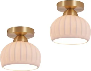 2 Pack Ceramic Brass Semi Flush Mount Ceiling Light Fixtures Modern Hallway Light Fixtures Small Gold Flush Mount Ceiling Light for Dining Room Kitchen Passway Entryway Porch Foyer