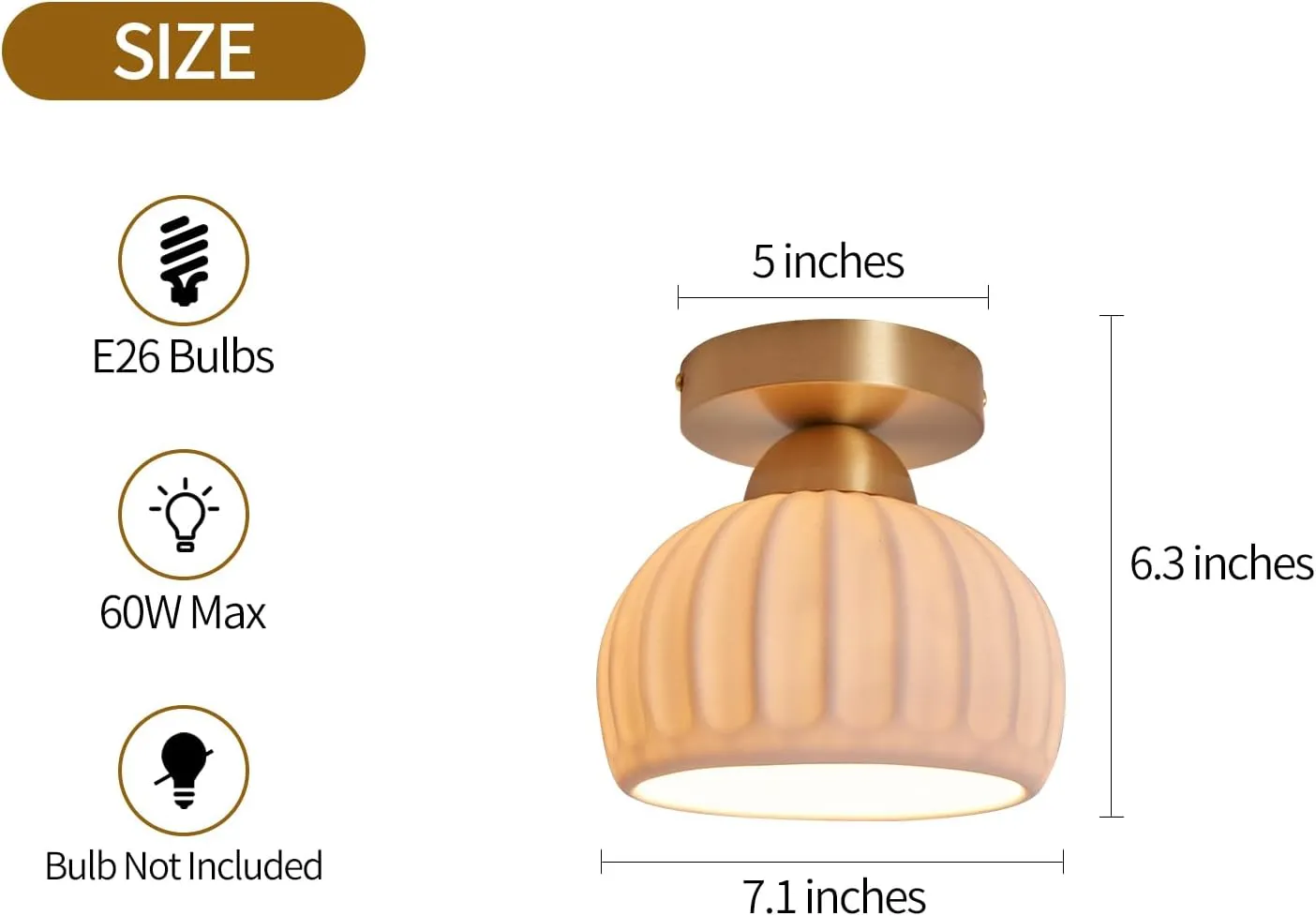 2 Pack Ceramic Brass Semi Flush Mount Ceiling Light Fixtures Modern Hallway Light Fixtures Small Gold Flush Mount Ceiling Light for Dining Room Kitchen Passway Entryway Porch Foyer