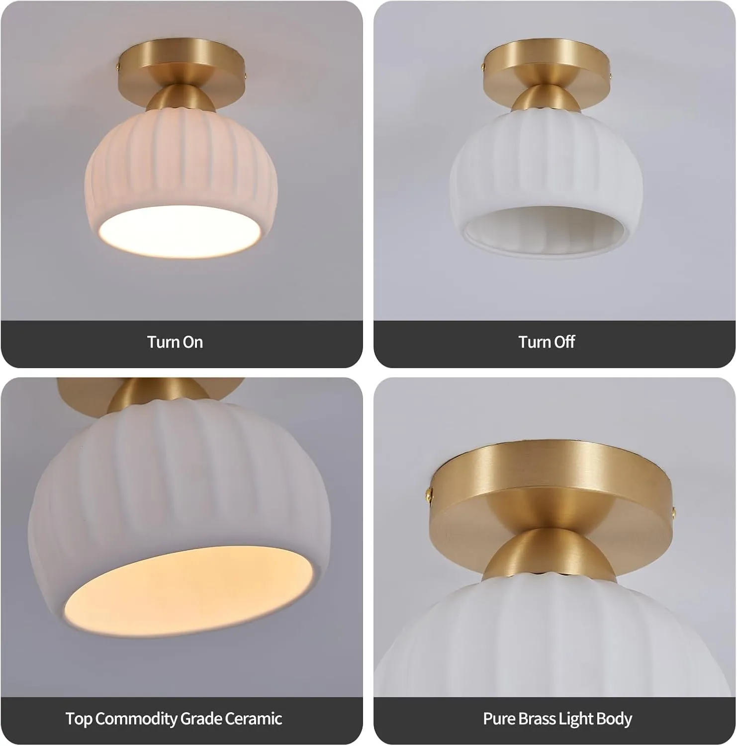 2 Pack Ceramic Brass Semi Flush Mount Ceiling Light Fixtures Modern Hallway Light Fixtures Small Gold Flush Mount Ceiling Light for Dining Room Kitchen Passway Entryway Porch Foyer