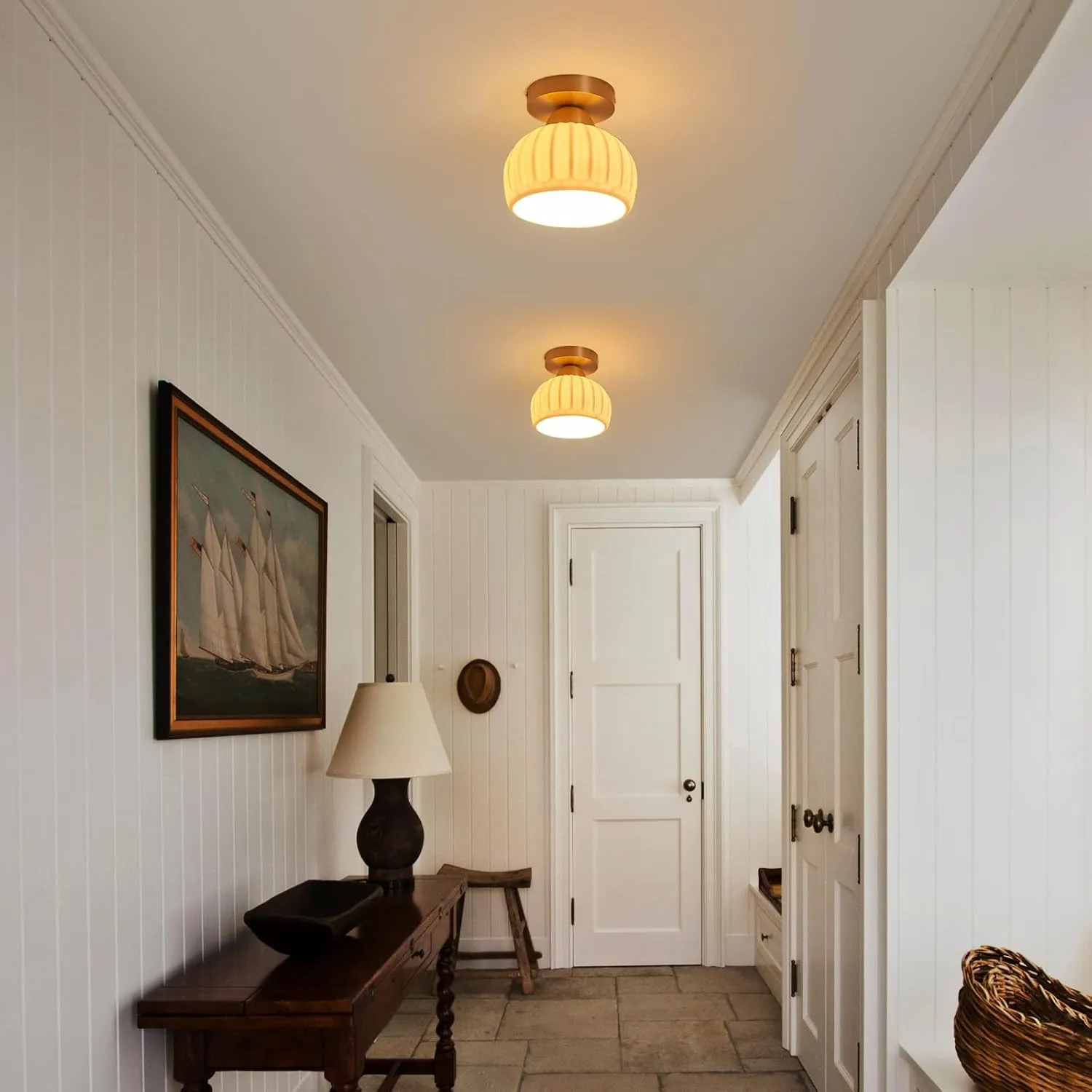 2 Pack Ceramic Brass Semi Flush Mount Ceiling Light Fixtures Modern Hallway Light Fixtures Small Gold Flush Mount Ceiling Light for Dining Room Kitchen Passway Entryway Porch Foyer