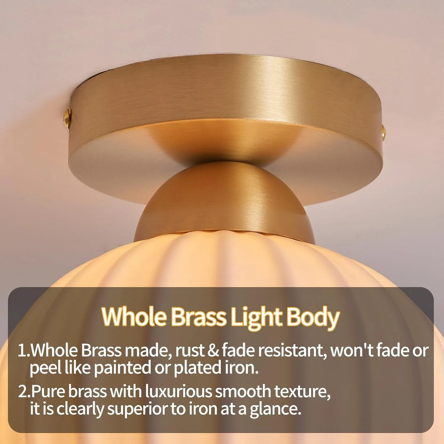 2 Pack Ceramic Brass Semi Flush Mount Ceiling Light Fixtures Modern Hallway Light Fixtures Small Gold Flush Mount Ceiling Light for Dining Room Kitchen Passway Entryway Porch Foyer