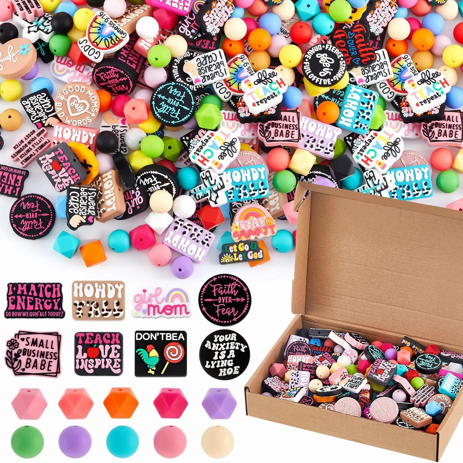 200 Pcs Inspirational Silicone Focal Beads for Pen Bulk Colorful Hexagon Round Silicone Beads for Keychain Making DIY Gift Necklace Bracelet Jewelry Supplies(Classic)