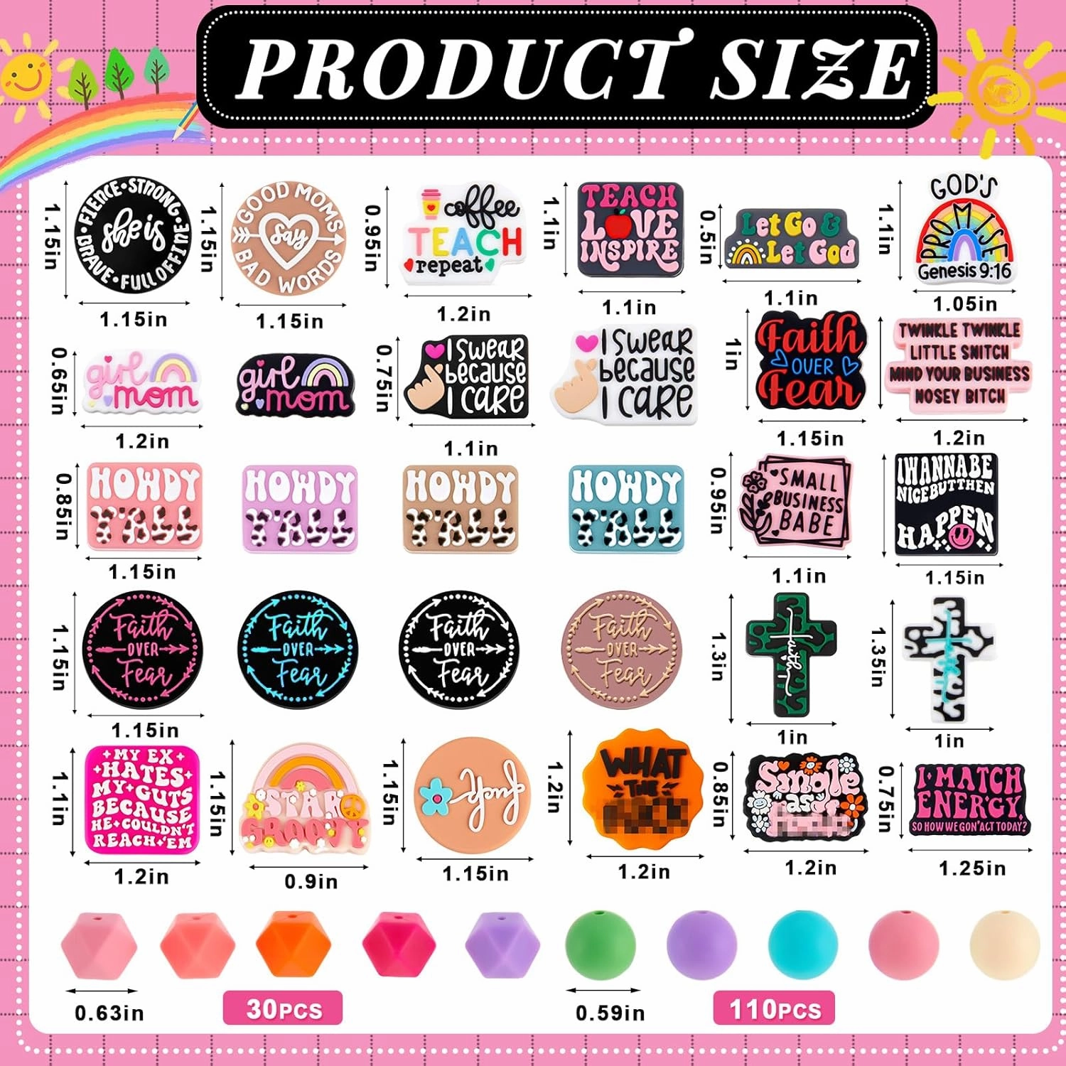 200 Pcs Inspirational Silicone Focal Beads for Pen Bulk Colorful Hexagon Round Silicone Beads for Keychain Making DIY Gift Necklace Bracelet Jewelry Supplies(Classic)