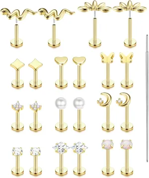 20G/16G Threadless Flat Back Earrings for Women 316L Surgical Steel Push in CZ Cartilage Stud Earrings Hypoallergenic Nose Rings Studs Conch Tragus Body Piercing Jewelry 6mm 7mm 8mm Length