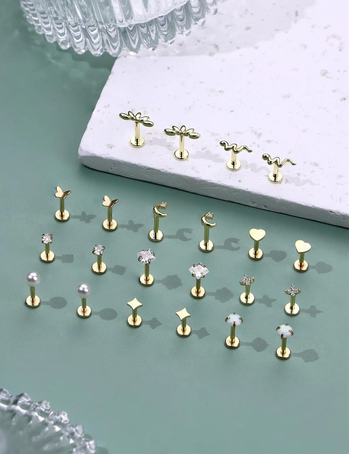 20G/16G Threadless Flat Back Earrings for Women 316L Surgical Steel Push in CZ Cartilage Stud Earrings Hypoallergenic Nose Rings Studs Conch Tragus Body Piercing Jewelry 6mm 7mm 8mm Length