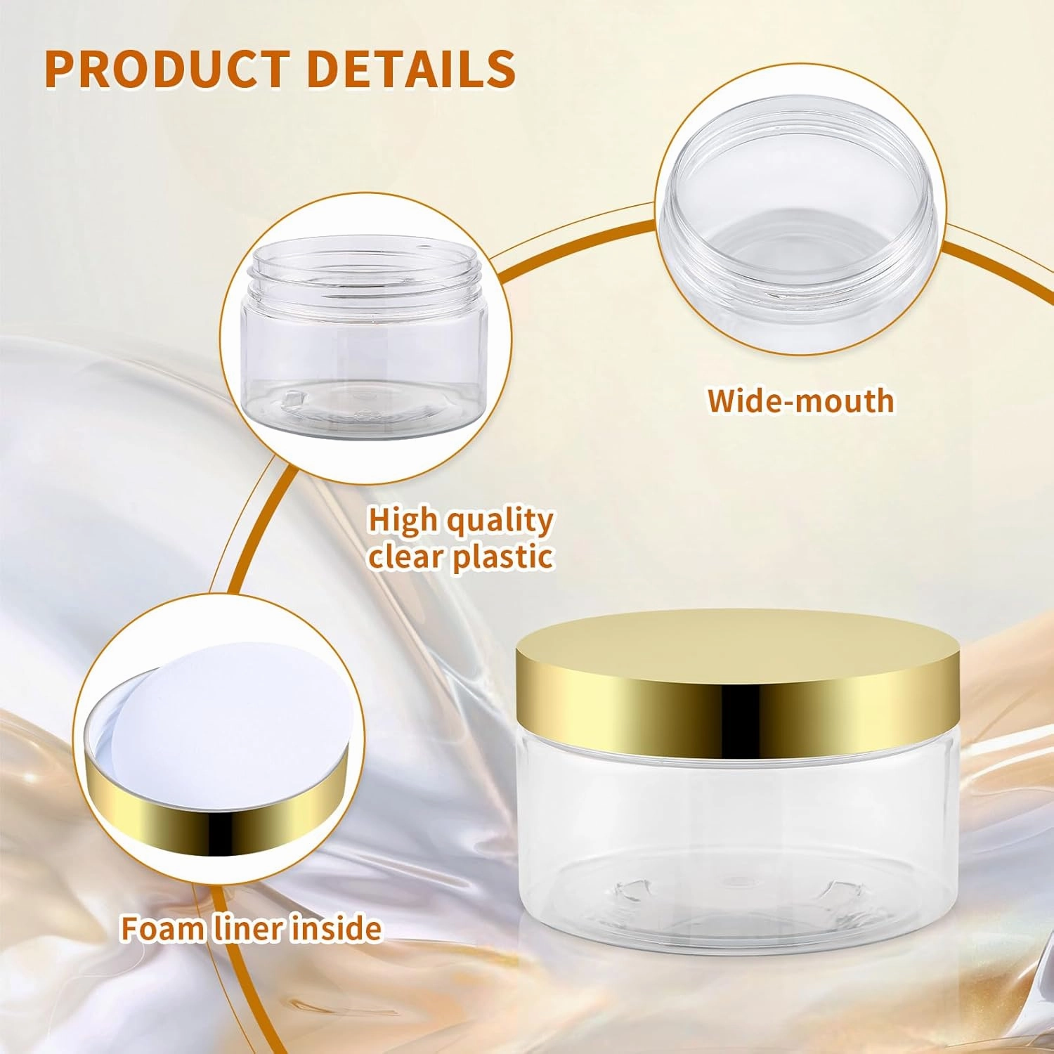 24 Pack 8 Oz Plastic Containers with Gold Lids, Clear Empty BPA Free and Refillable Cosmetic Jars Travel Containers for Creams, Lotion, Bath Salts, Sugar Scrub, Slime, Lip Scrub, Makeup