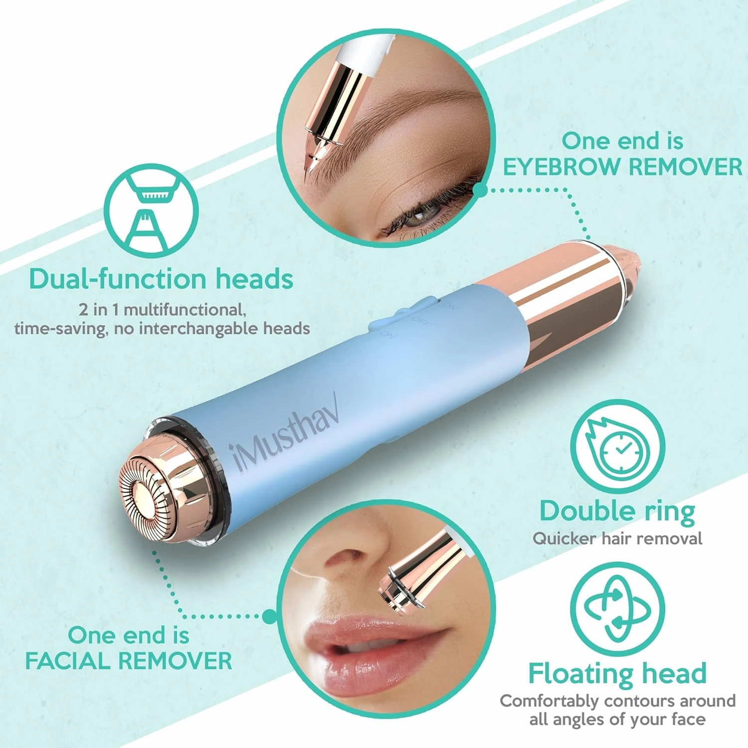 2-in-1 Portable Rechargeable Painless Eyebrow Trimmer & Facial Hair Remover, removes eyebrow, face, lips and body hair for women. 18K gold plated hypoallergenic heads, 360° LED light for Hair Remover
