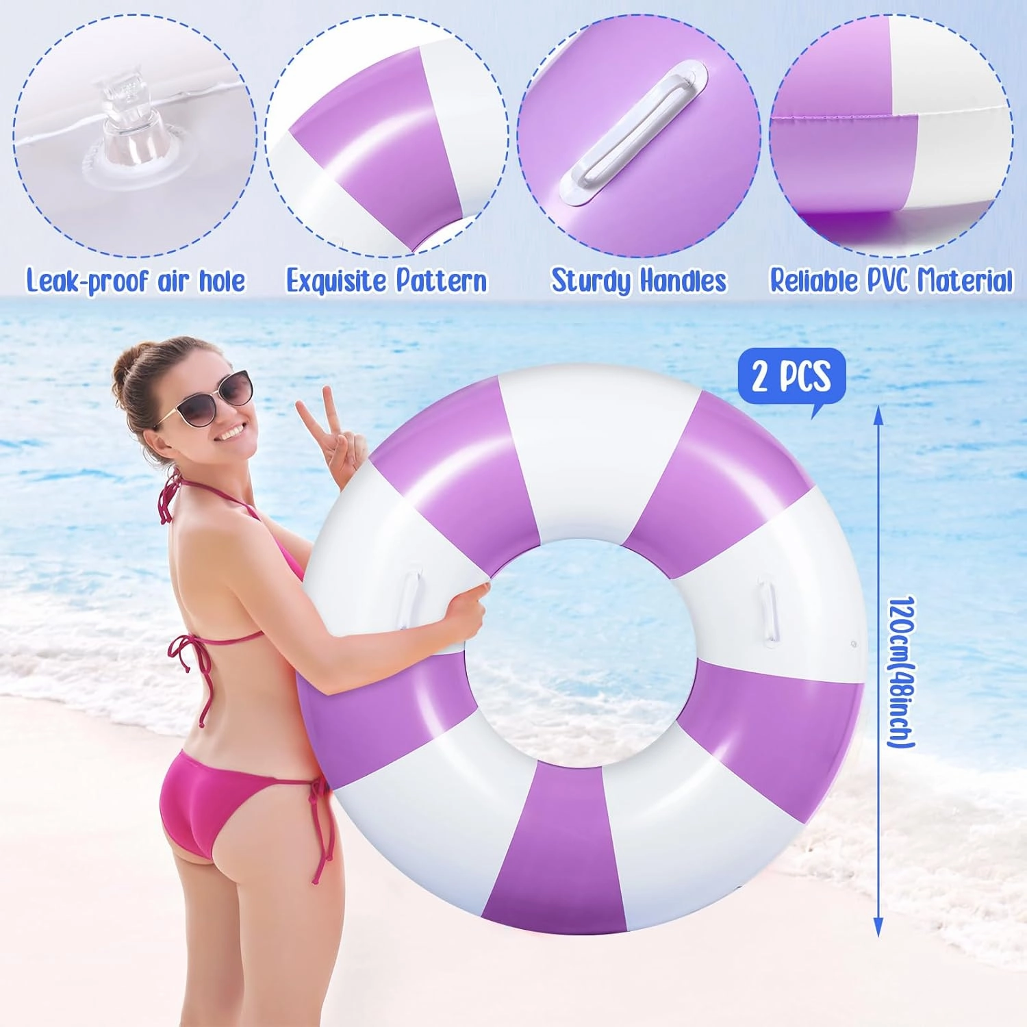 2 Pcs Large Pool Floats Swim Ring with Handles 47.24 Inch Inflatable Swimming Pool Tubes Adult Size for Summer Lounger Beach Party