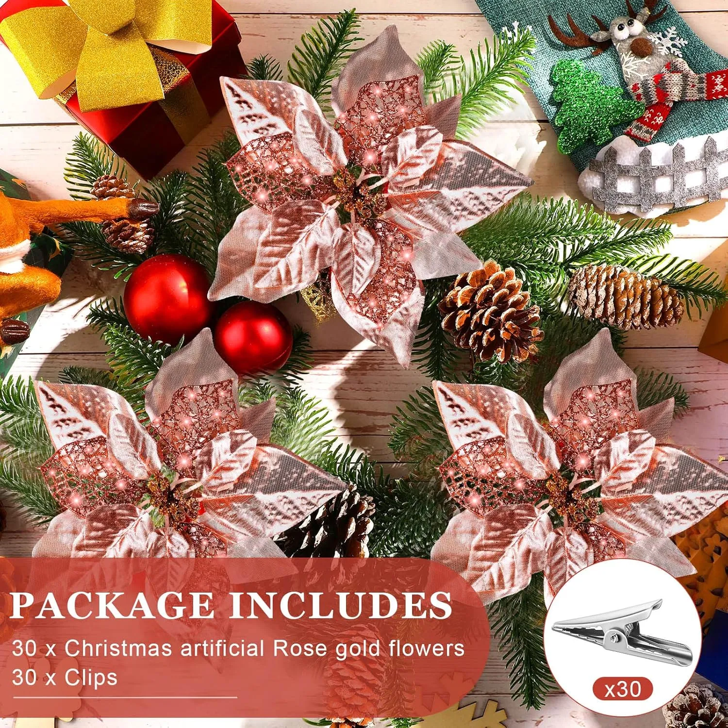 30 Pieces 8 Inches Large Christmas Artificial Poinsettia Flower Christmas Tree Glitter Faux Flowers Floral Wreath Garland Xmas Tree Ornaments for Wedding Holiday Wreath DIY (Rose Gold)