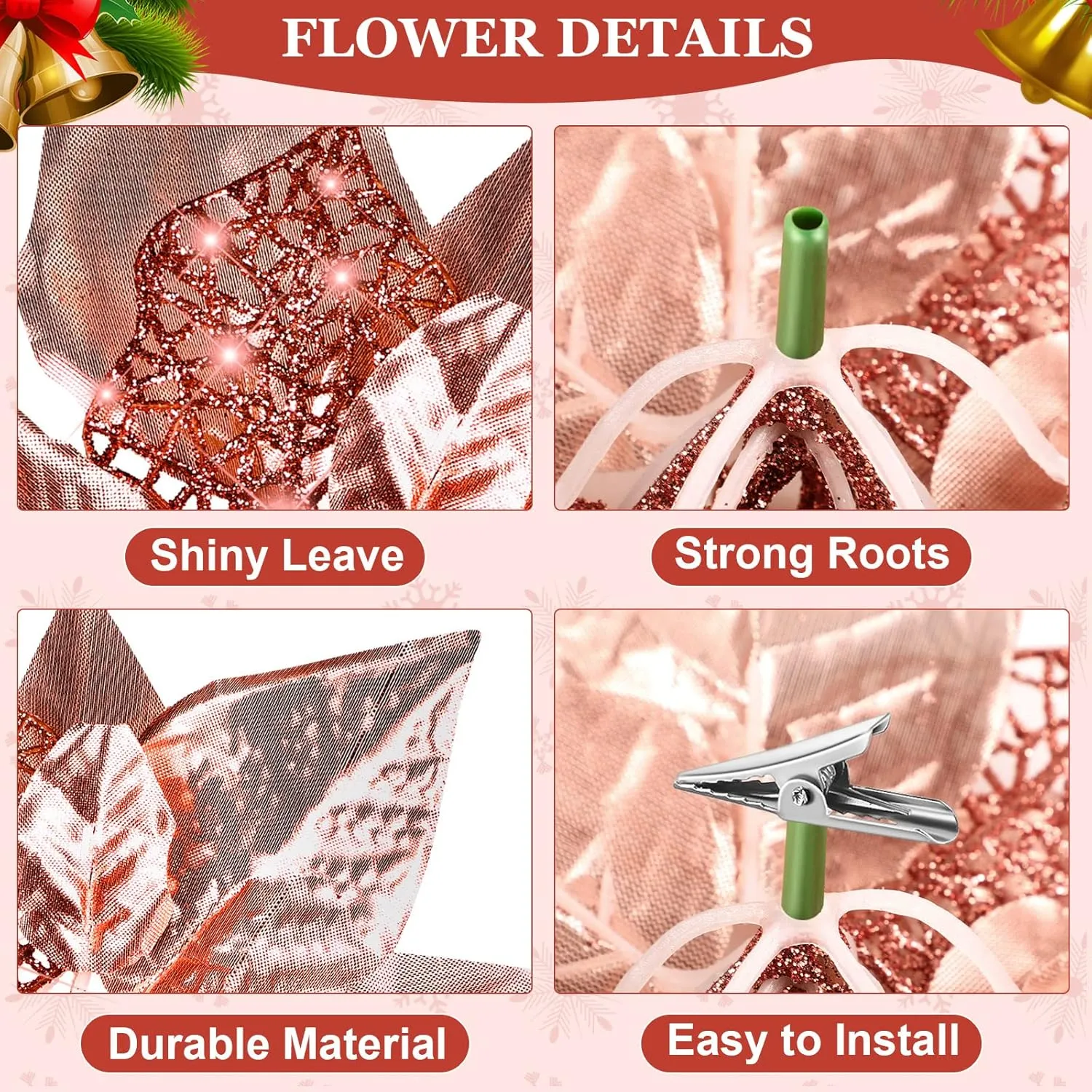 30 Pieces 8 Inches Large Christmas Artificial Poinsettia Flower Christmas Tree Glitter Faux Flowers Floral Wreath Garland Xmas Tree Ornaments for Wedding Holiday Wreath DIY (Rose Gold)