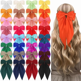 32Pcs Satin Hair Bows Bulk Big Hair Bows for Women Large Hair Ribbons Silky Satin Oversized Hair Bows Long Tail Large Hair Barrettes Hair Cute Oversized Bow Hair Clips with Long Tails