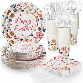 350 Pcs Easter Plates and Napkins Set Include 100 Egg Paper Plates 50 Cups 50 Napkins 50 Sets Cutlery Easter Party Supplies Disposable Tableware for Table Decoration, Serve 50 Guests