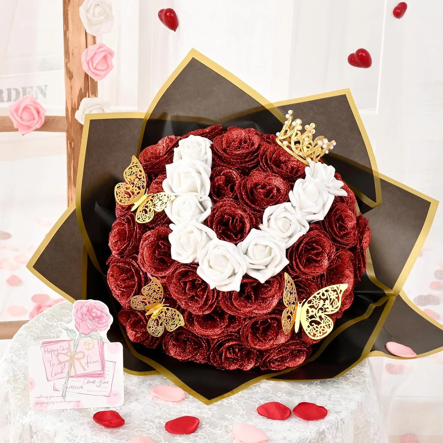 36 20 Glitter Roses Bouquet, DIY Fake Flowers Bouquet, Craft The Initials of Your Loves' Name with Artificial Rose Bouquet for Valentines, Anniversary, Wedding, Red & White