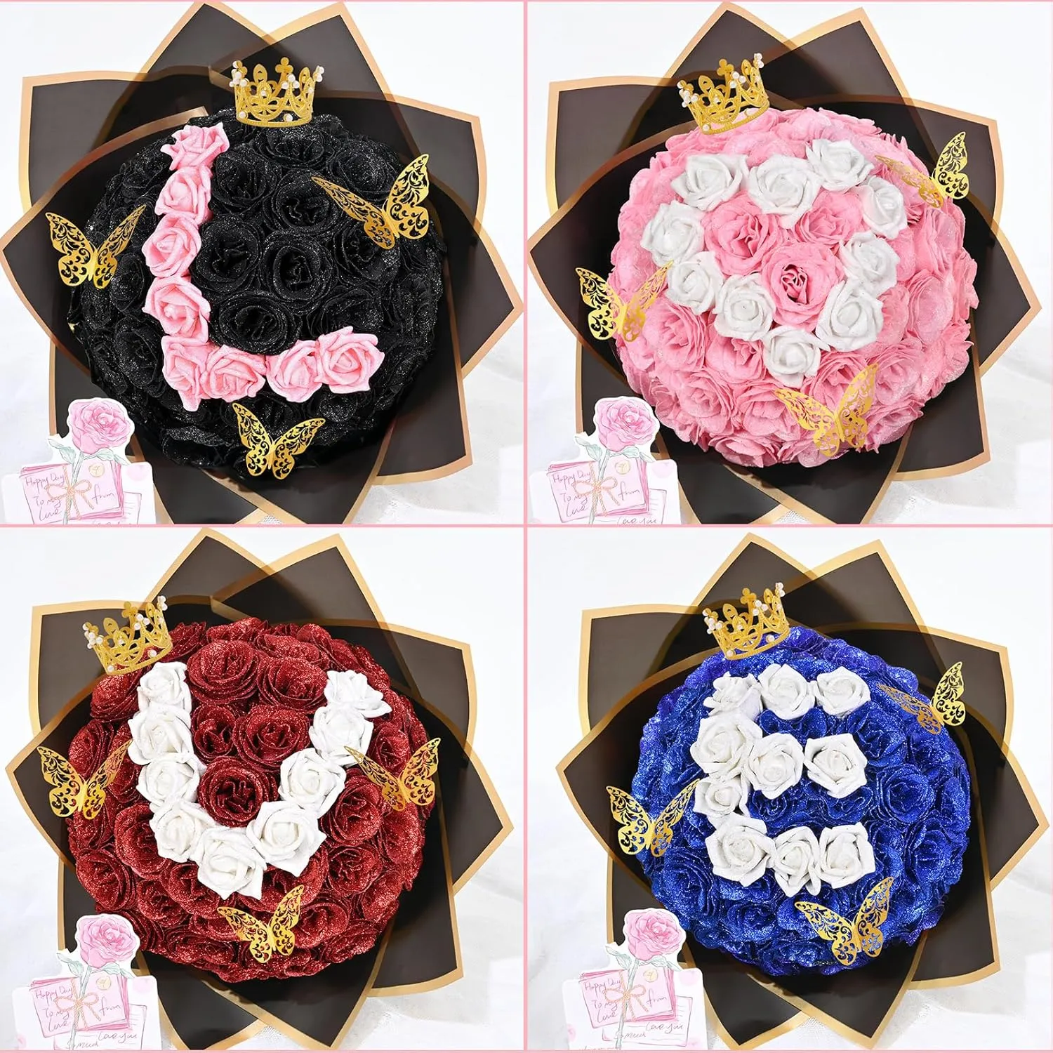 36 20 Glitter Roses Bouquet, DIY Fake Flowers Bouquet, Craft The Initials of Your Loves' Name with Artificial Rose Bouquet for Valentines, Anniversary, Wedding, Red & White