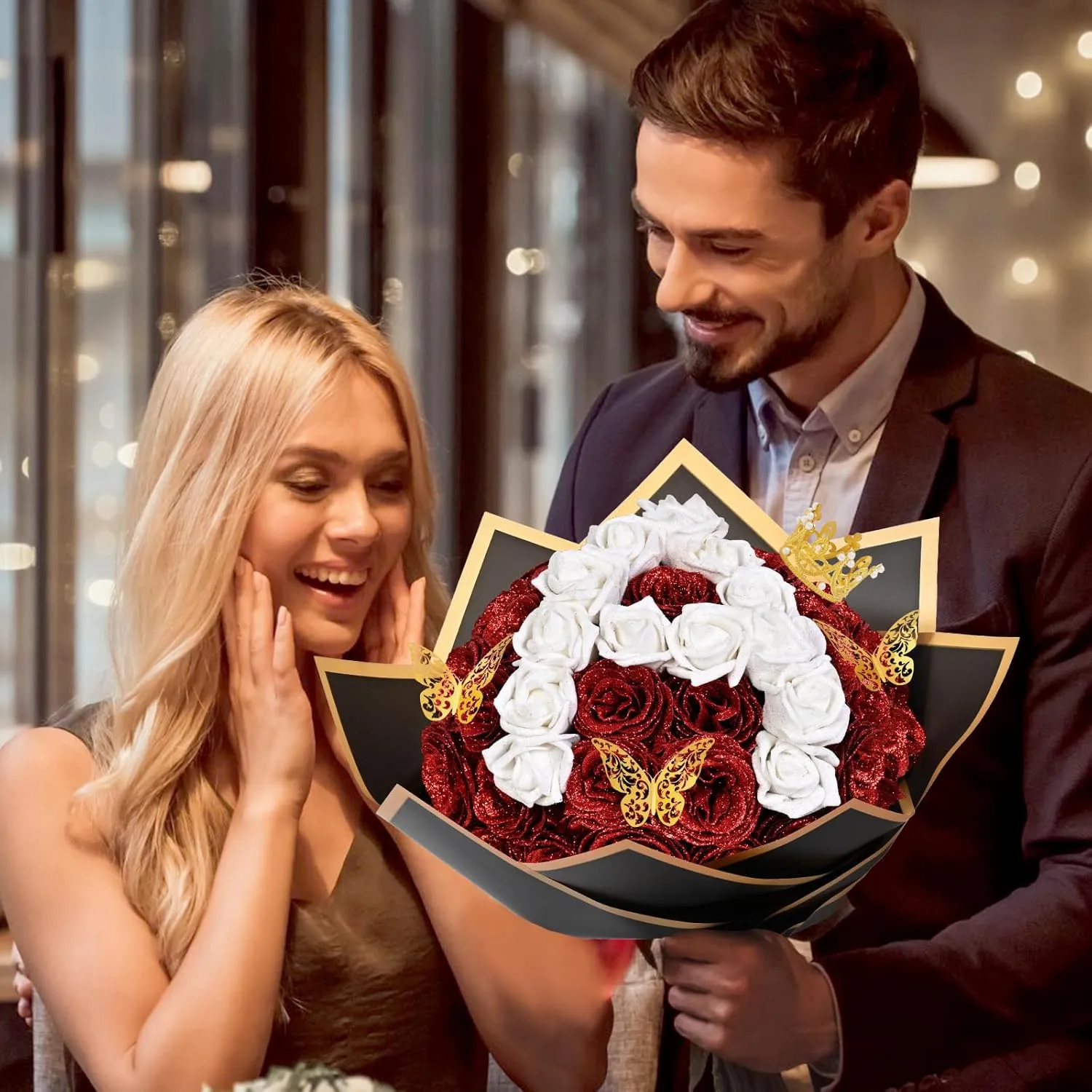 36 20 Glitter Roses Bouquet, DIY Fake Flowers Bouquet, Craft The Initials of Your Loves' Name with Artificial Rose Bouquet for Valentines, Anniversary, Wedding, Red & White