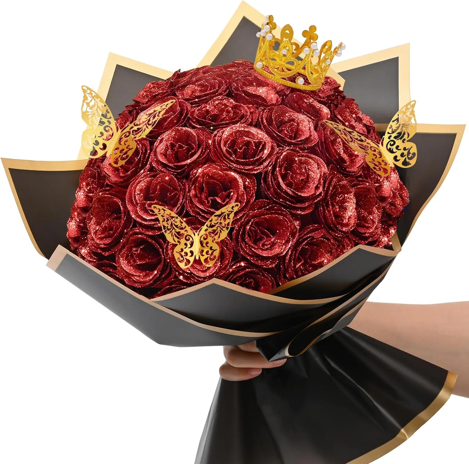 36 20 Glitter Roses Bouquet, DIY Fake Flowers Bouquet, Craft The Initials of Your Loves' Name with Artificial Rose Bouquet for Valentines, Anniversary, Wedding, Red & White