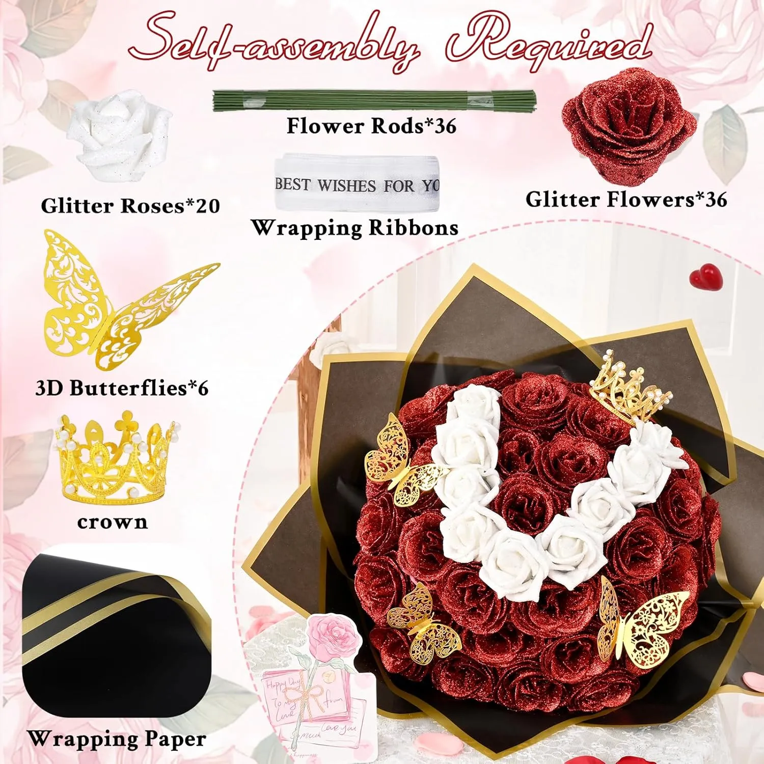 36 20 Glitter Roses Bouquet, DIY Fake Flowers Bouquet, Craft The Initials of Your Loves' Name with Artificial Rose Bouquet for Valentines, Anniversary, Wedding, Red & White