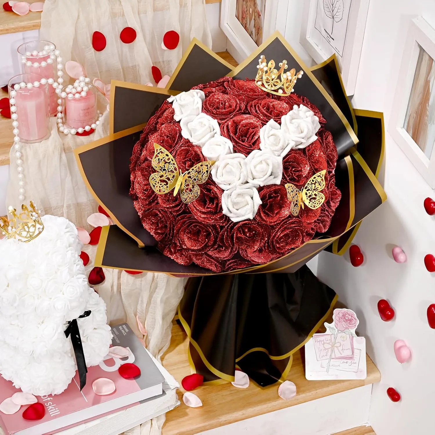 36 20 Glitter Roses Bouquet, DIY Fake Flowers Bouquet, Craft The Initials of Your Loves' Name with Artificial Rose Bouquet for Valentines, Anniversary, Wedding, Red & White