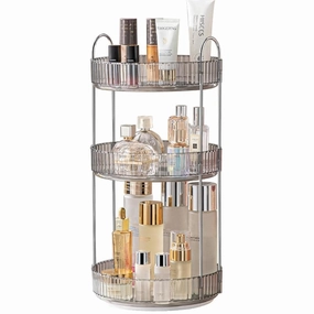 360 Rotating Makeup Organizer - High-Capacity Spinning Cosmetics Organizer for Vanity & Dresser (3 Tiers, Grey)