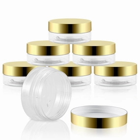 36 Pack 2 Oz Plastic Containers with Gold Lids,Small Clear Empty BPA Free and Refillable Cosmetic Jars Travel Containers for Creams, Lotion, Bath Salts, Sugar Scrub, Slime, Lip Scrub, Makeup