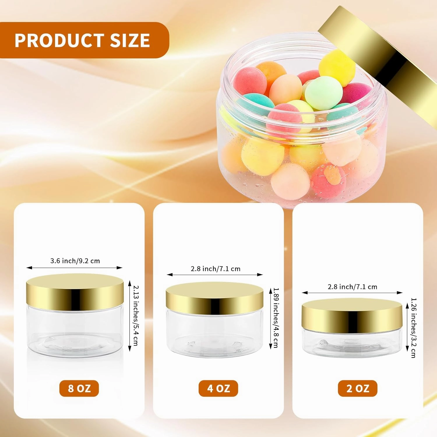 36 Pack 2 Oz Plastic Containers with Gold Lids,Small Clear Empty BPA Free and Refillable Cosmetic Jars Travel Containers for Creams, Lotion, Bath Salts, Sugar Scrub, Slime, Lip Scrub, Makeup