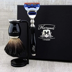 3 Pc Mens Shaving Kit 5 Edge Razor With Black Badger Hair Shaving Brush and Stand Perfect Set For Men