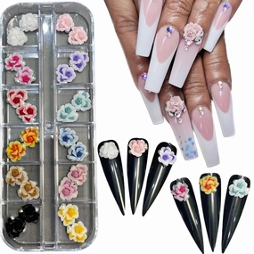 3D Rose Acrylic Flowers Charms Handmade by Acrylic Powder - Short & Medium Size Set 24 Pcs 3D Flower Nails Art | Exquisite Floral Accents for Crafts and Designs Salo Deco (3 Roses)