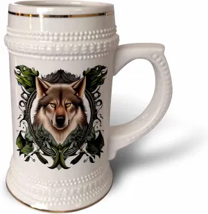 3dRose 22oz Stein Mug - A Timber Wolf Surrounded By Ladys Slipper Minnesota State Tattoo Art Acrylic Painting - Minnesota Emblem