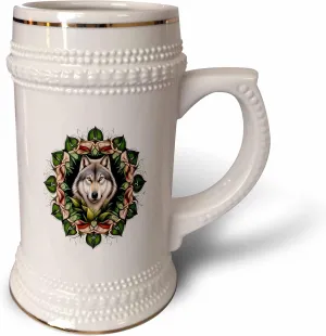 3dRose 22oz Stein Mug - A Timber Wolf Surrounded By Ladys Slipper Minnesota State Tattoo Art Vector Art - Minnesota Mammal Flower