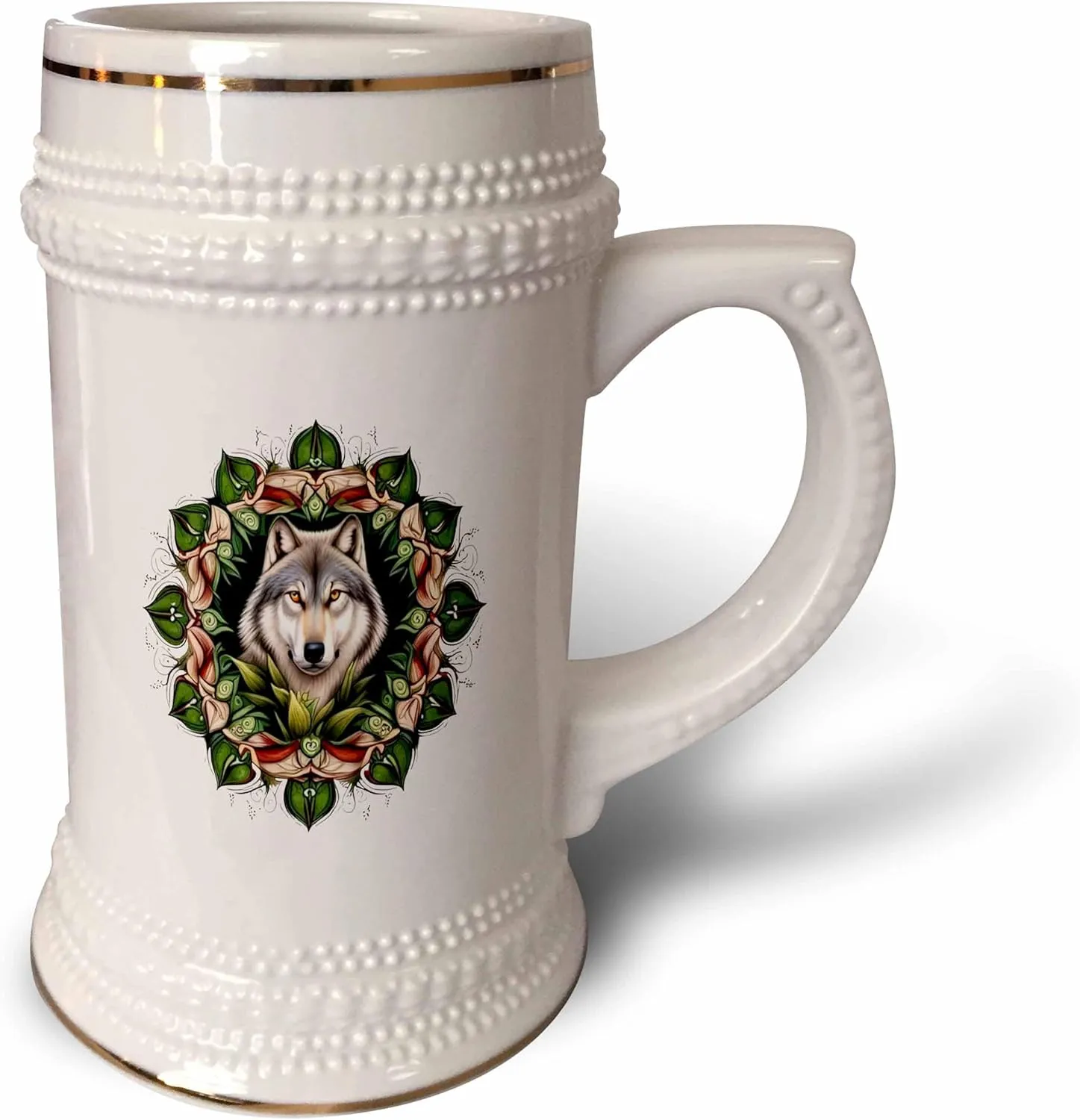 3dRose 22oz Stein Mug - A Timber Wolf Surrounded By Ladys Slipper Minnesota State Tattoo Art Vector Art - Minnesota Mammal Flower