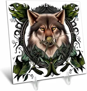 3dRose 6x6 Desk Clock - A Timber Wolf Surrounded by Ladys Slipper Minnesota State Tattoo Art Acrylic Painting - Minnesota Emblem